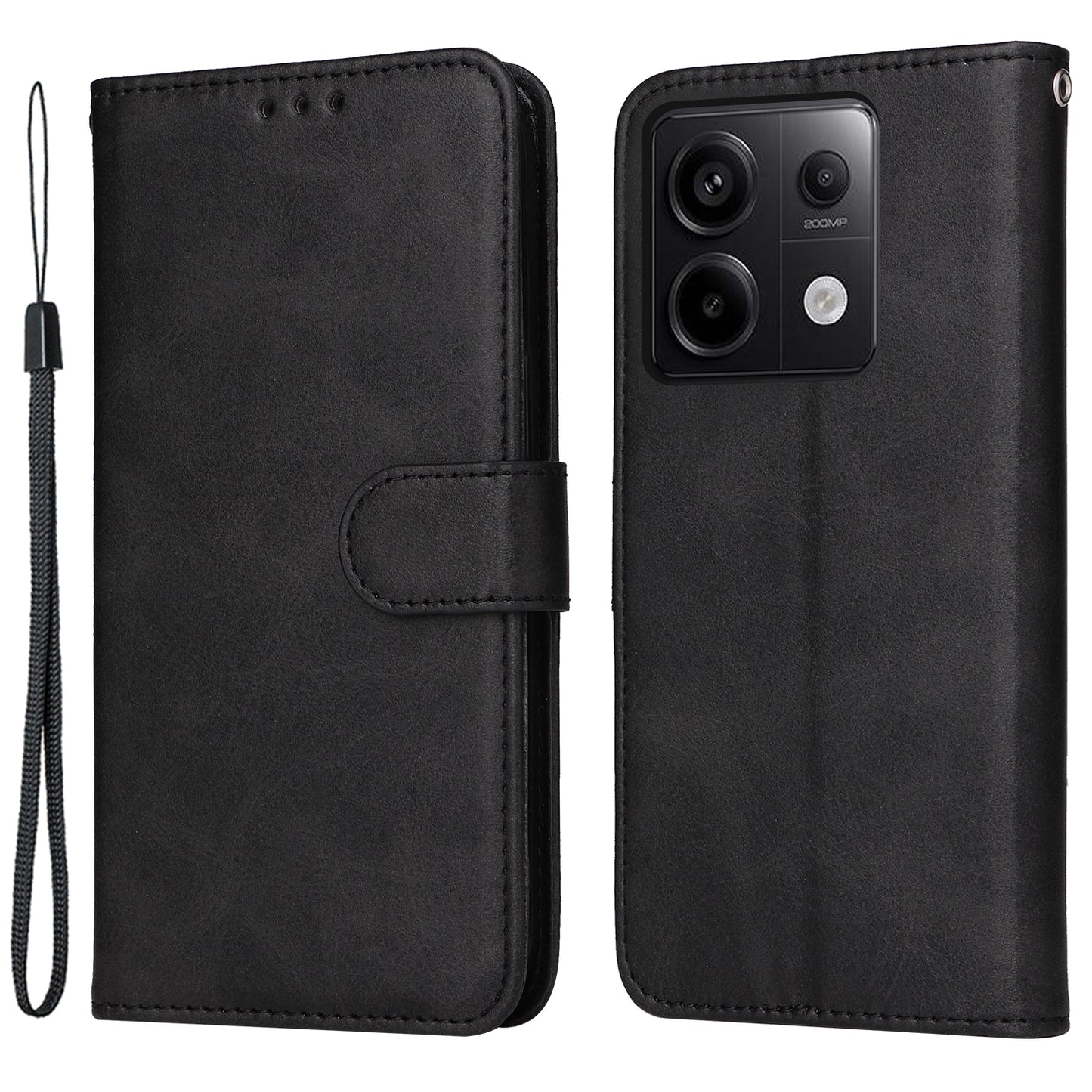 For Xiaomi Redmi Note 13 Pro 5G / Poco X6 5G Case with Strap Leather Phone Cover Wallet Stand - Black