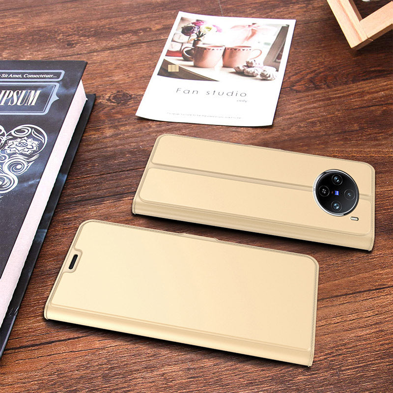 For vivo X100 Pro 5G Case PU Leather Stand Card Slots Phone Protector with Magnetic Clasp - Gold