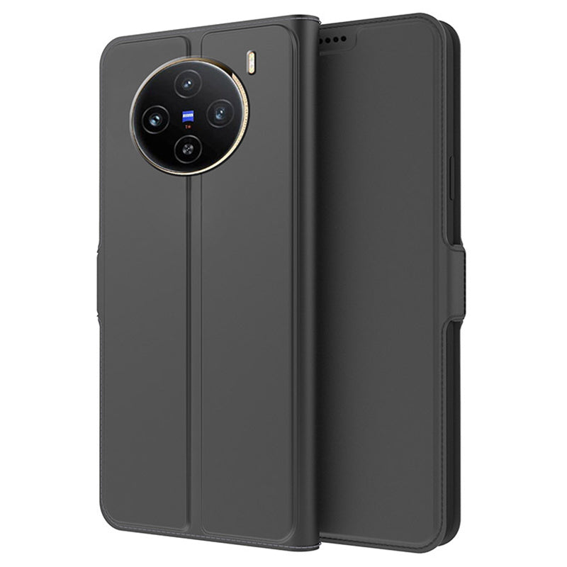 For vivo X100 5G Magnetic Phone Case PU Leather Stand Protective Cover with Card Holder - Black