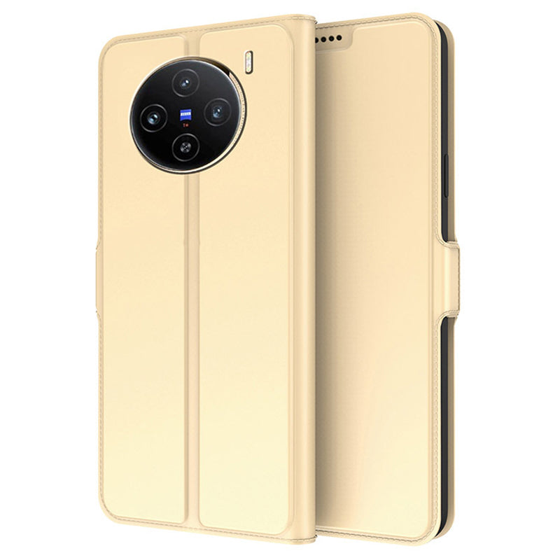 For vivo X100 5G Magnetic Phone Case PU Leather Stand Protective Cover with Card Holder - Gold