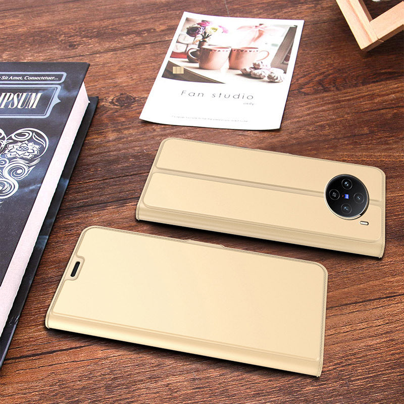 For vivo X100 5G Magnetic Phone Case PU Leather Stand Protective Cover with Card Holder - Gold
