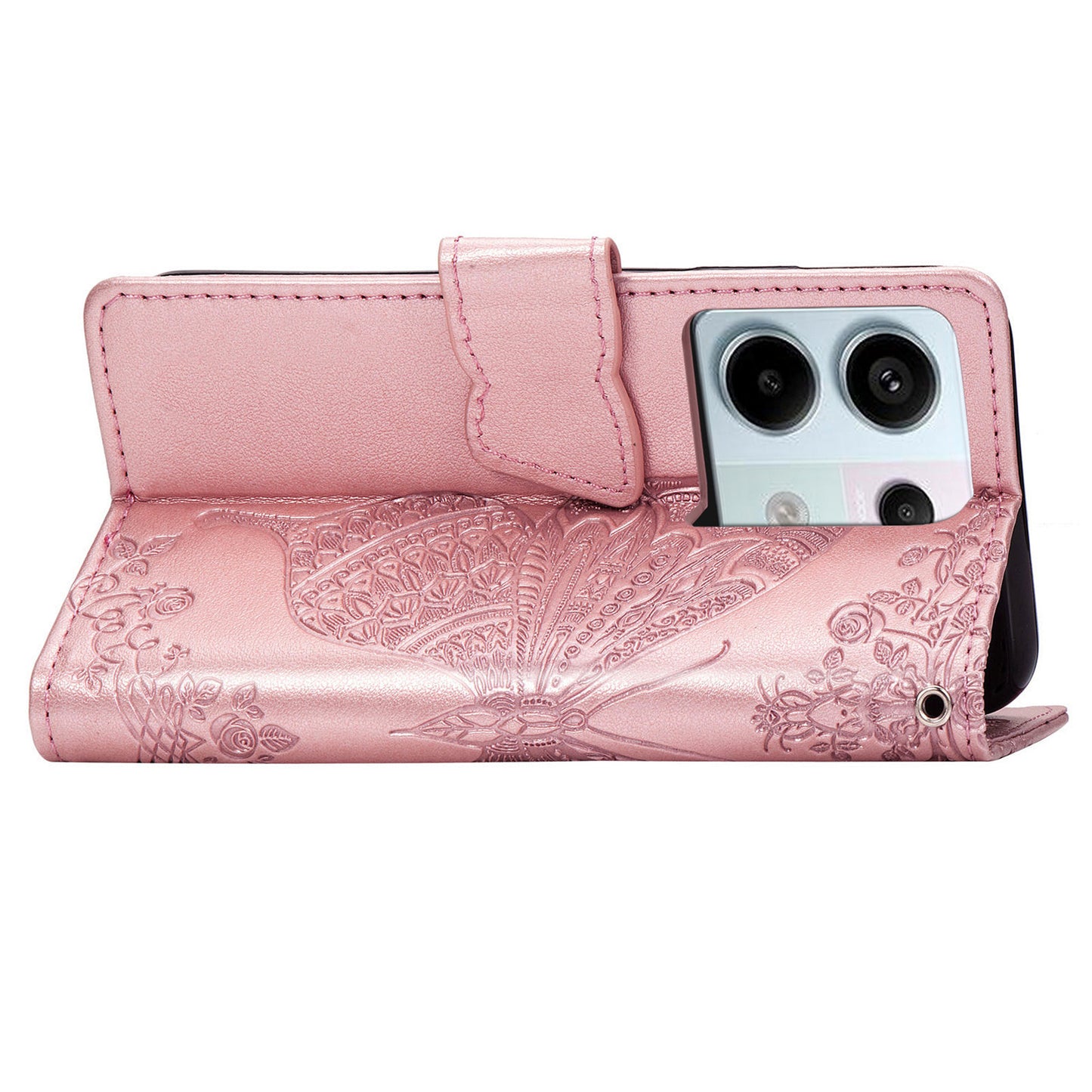 For Xiaomi Redmi Note 13 Pro 5G / Poco X6 5G Case Wallet with Card Holder Butterfly Pattern PU Leather Phone Cover - Rose Gold