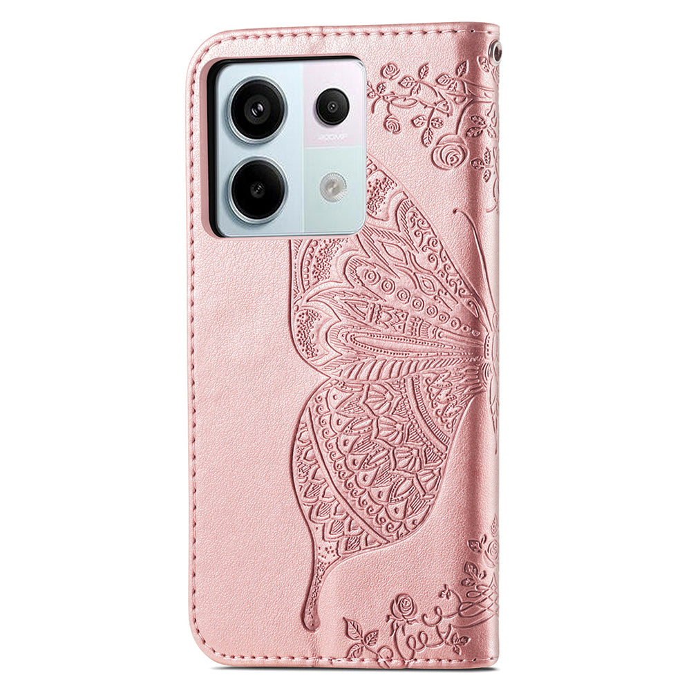 For Xiaomi Redmi Note 13 Pro 5G / Poco X6 5G Case Wallet with Card Holder Butterfly Pattern PU Leather Phone Cover - Rose Gold