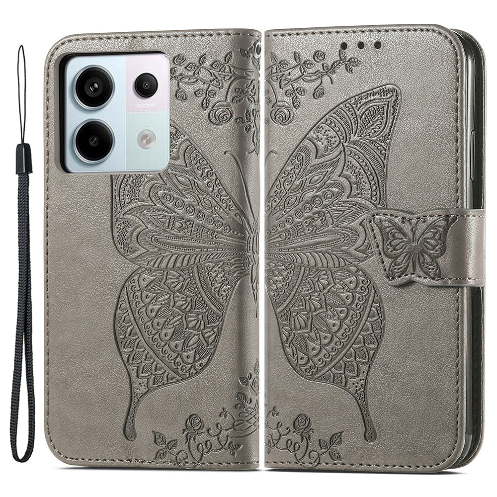 For Xiaomi Redmi Note 13 Pro 5G / Poco X6 5G Case Wallet with Card Holder Butterfly Pattern PU Leather Phone Cover - Grey