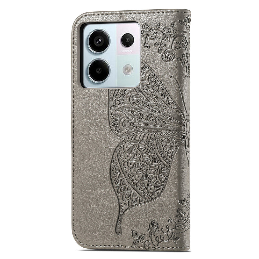 For Xiaomi Redmi Note 13 Pro 5G / Poco X6 5G Case Wallet with Card Holder Butterfly Pattern PU Leather Phone Cover - Grey
