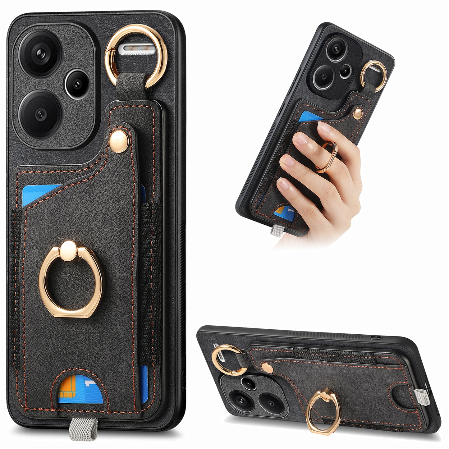 For Xiaomi Redmi Note 13 Pro+ 5G Case with Card Holder Retro Leather Back Cover Ring Kickstand - Black