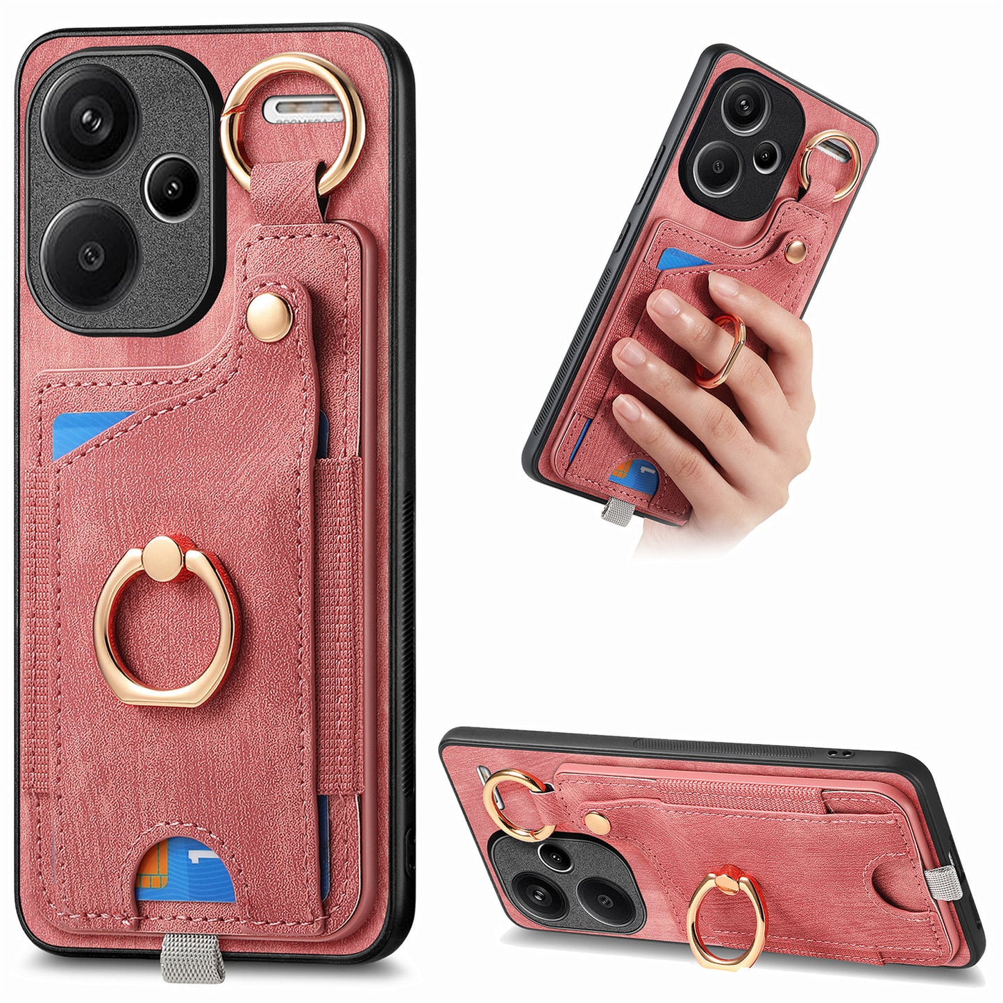 For Xiaomi Redmi Note 13 Pro+ 5G Case with Card Holder Retro Leather Back Cover Ring Kickstand - Pink