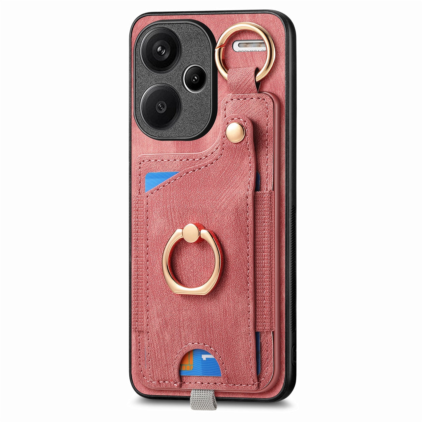 For Xiaomi Redmi Note 13 Pro+ 5G Case with Card Holder Retro Leather Back Cover Ring Kickstand - Pink