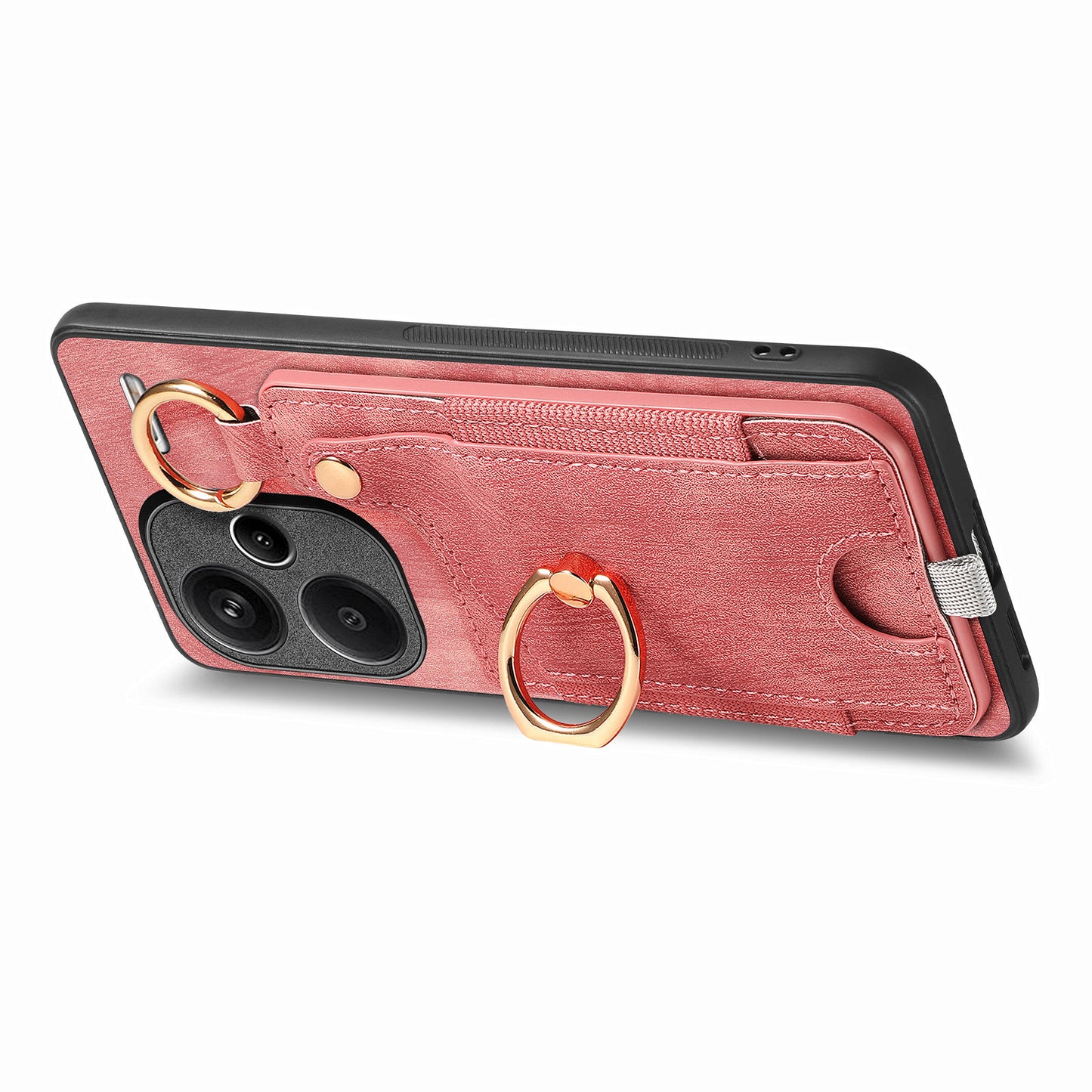For Xiaomi Redmi Note 13 Pro+ 5G Case with Card Holder Retro Leather Back Cover Ring Kickstand - Pink