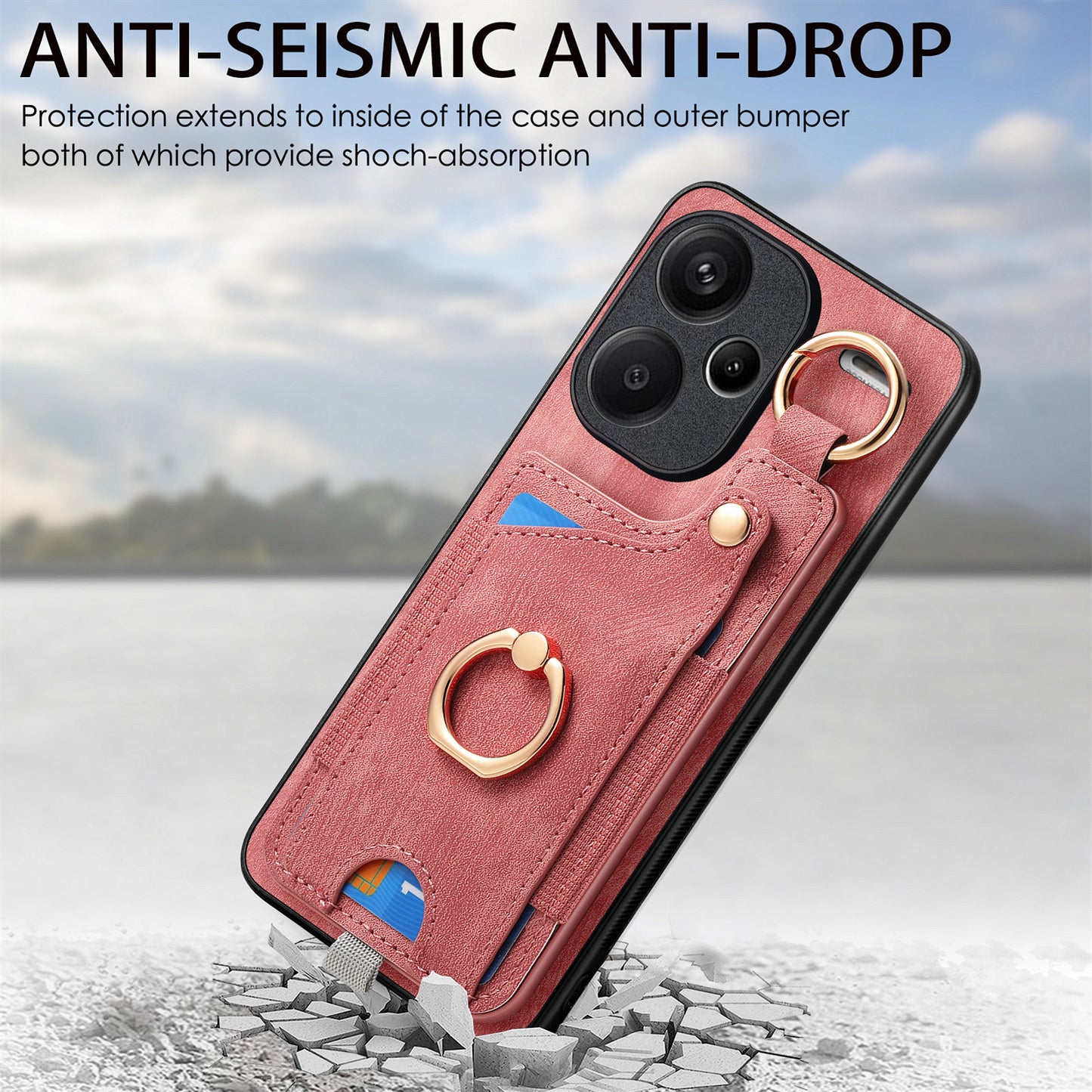 For Xiaomi Redmi Note 13 Pro+ 5G Case with Card Holder Retro Leather Back Cover Ring Kickstand - Pink