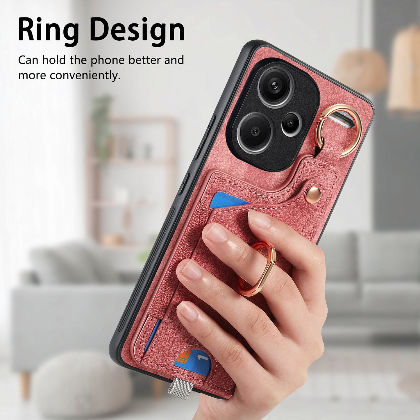 For Xiaomi Redmi Note 13 Pro+ 5G Case with Card Holder Retro Leather Back Cover Ring Kickstand - Pink