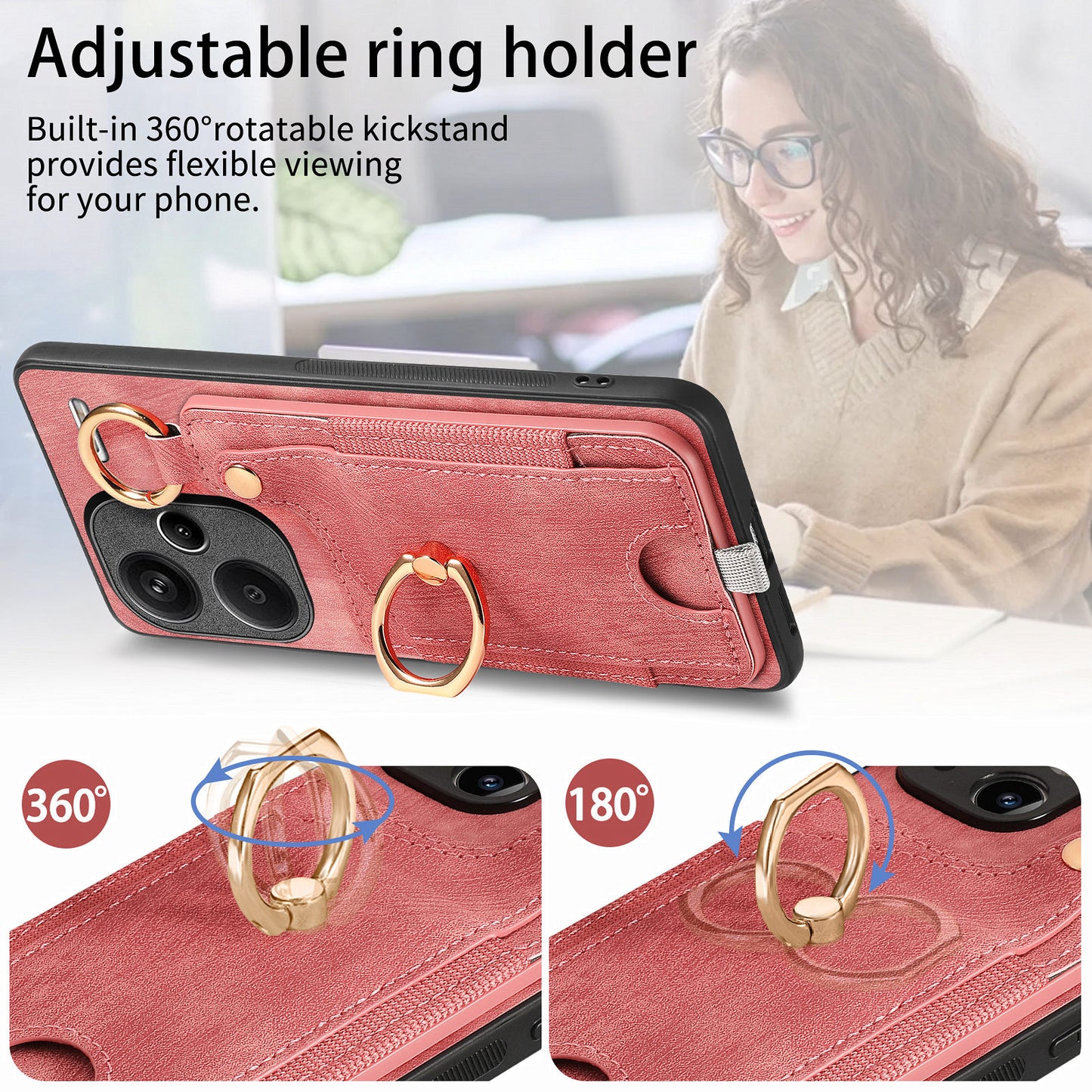 For Xiaomi Redmi Note 13 Pro+ 5G Case with Card Holder Retro Leather Back Cover Ring Kickstand - Pink