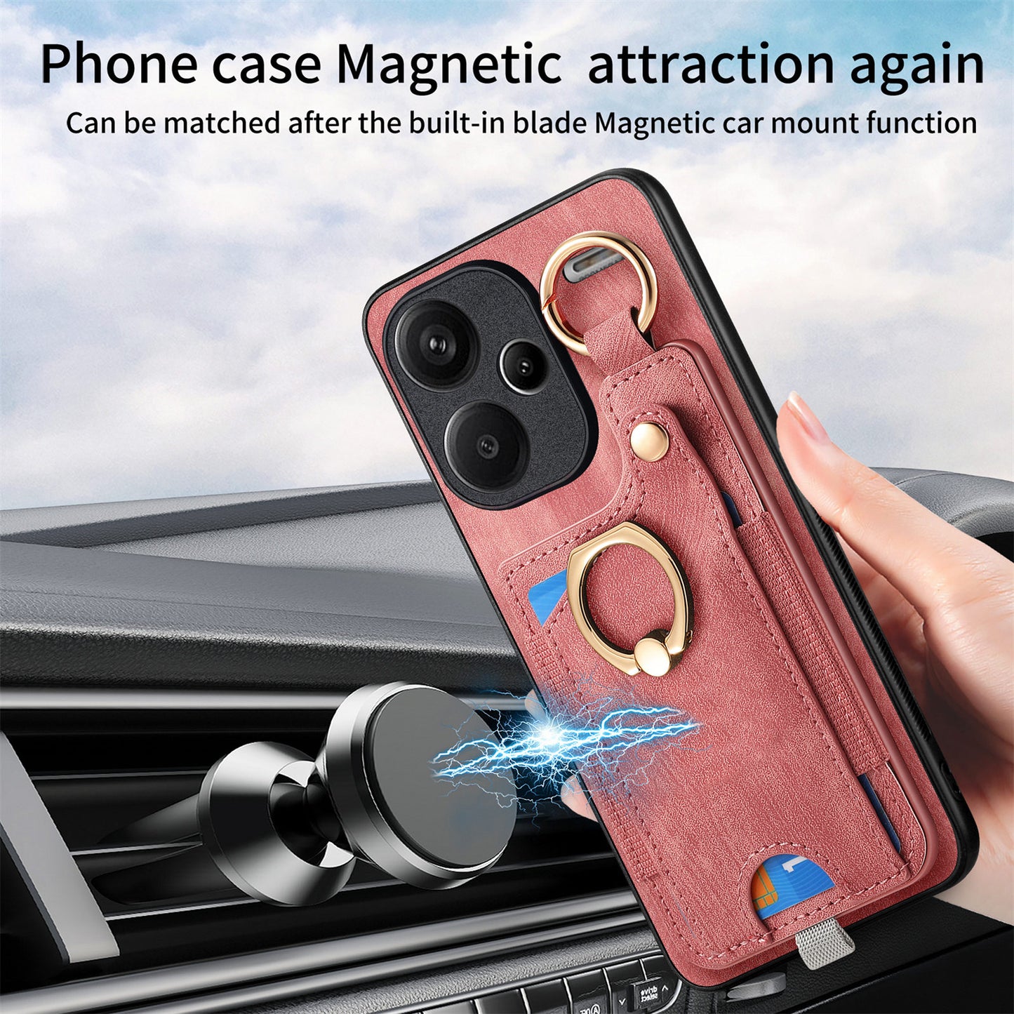 For Xiaomi Redmi Note 13 Pro+ 5G Case with Card Holder Retro Leather Back Cover Ring Kickstand - Pink