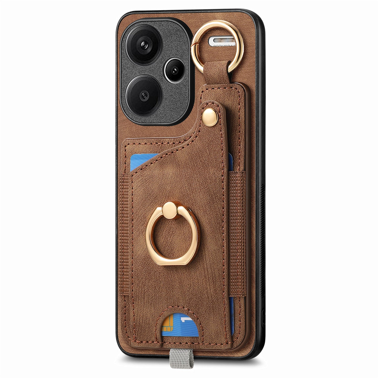For Xiaomi Redmi Note 13 Pro+ 5G Case with Card Holder Retro Leather Back Cover Ring Kickstand - Brown