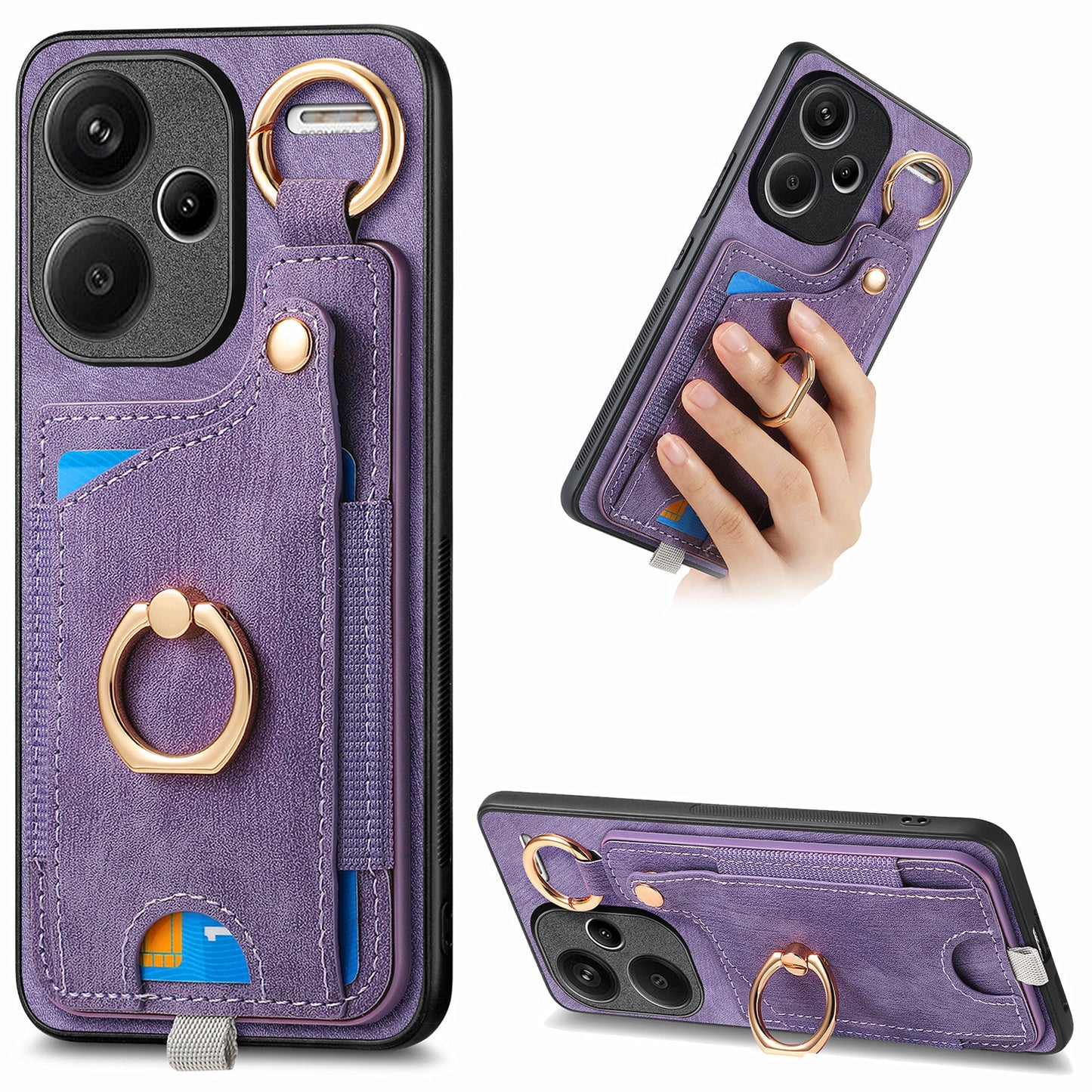 For Xiaomi Redmi Note 13 Pro+ 5G Case with Card Holder Retro Leather Back Cover Ring Kickstand - Purple