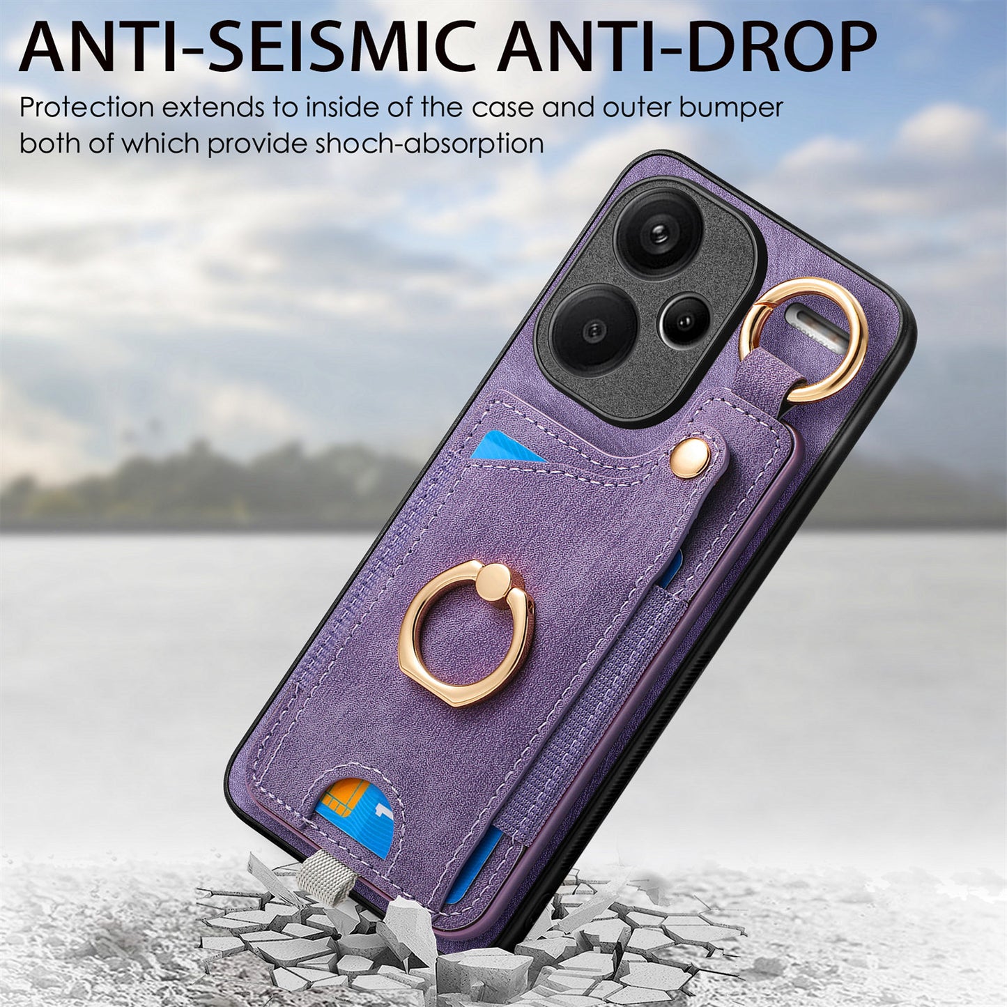 For Xiaomi Redmi Note 13 Pro+ 5G Case with Card Holder Retro Leather Back Cover Ring Kickstand - Purple