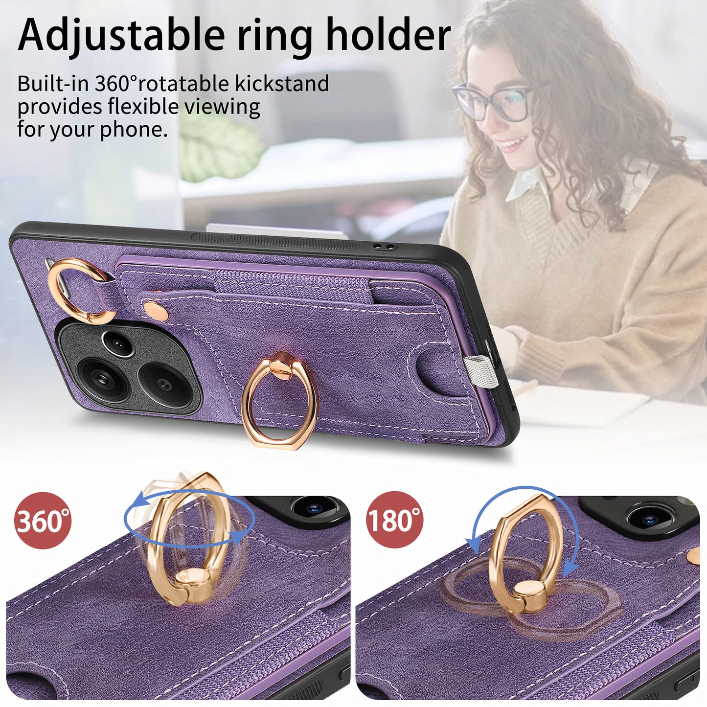 For Xiaomi Redmi Note 13 Pro+ 5G Case with Card Holder Retro Leather Back Cover Ring Kickstand - Purple