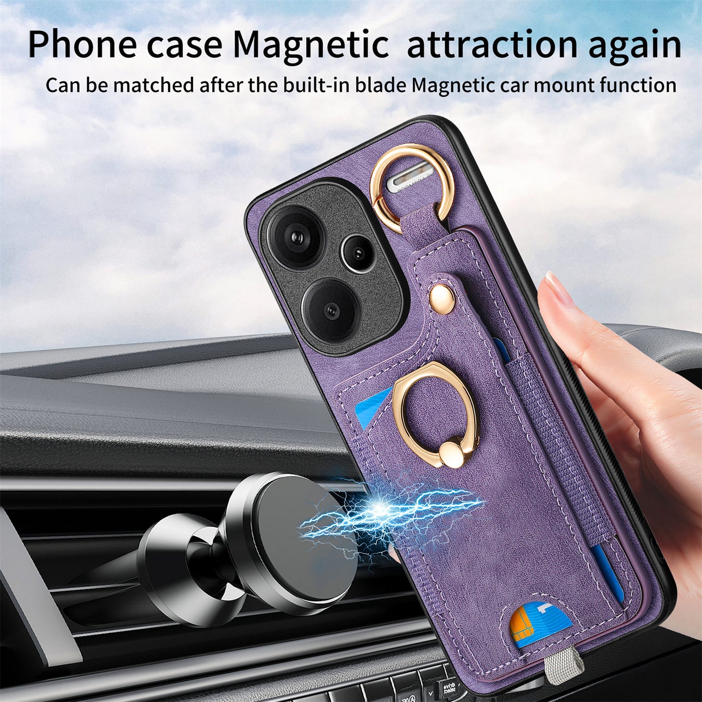 For Xiaomi Redmi Note 13 Pro+ 5G Case with Card Holder Retro Leather Back Cover Ring Kickstand - Purple