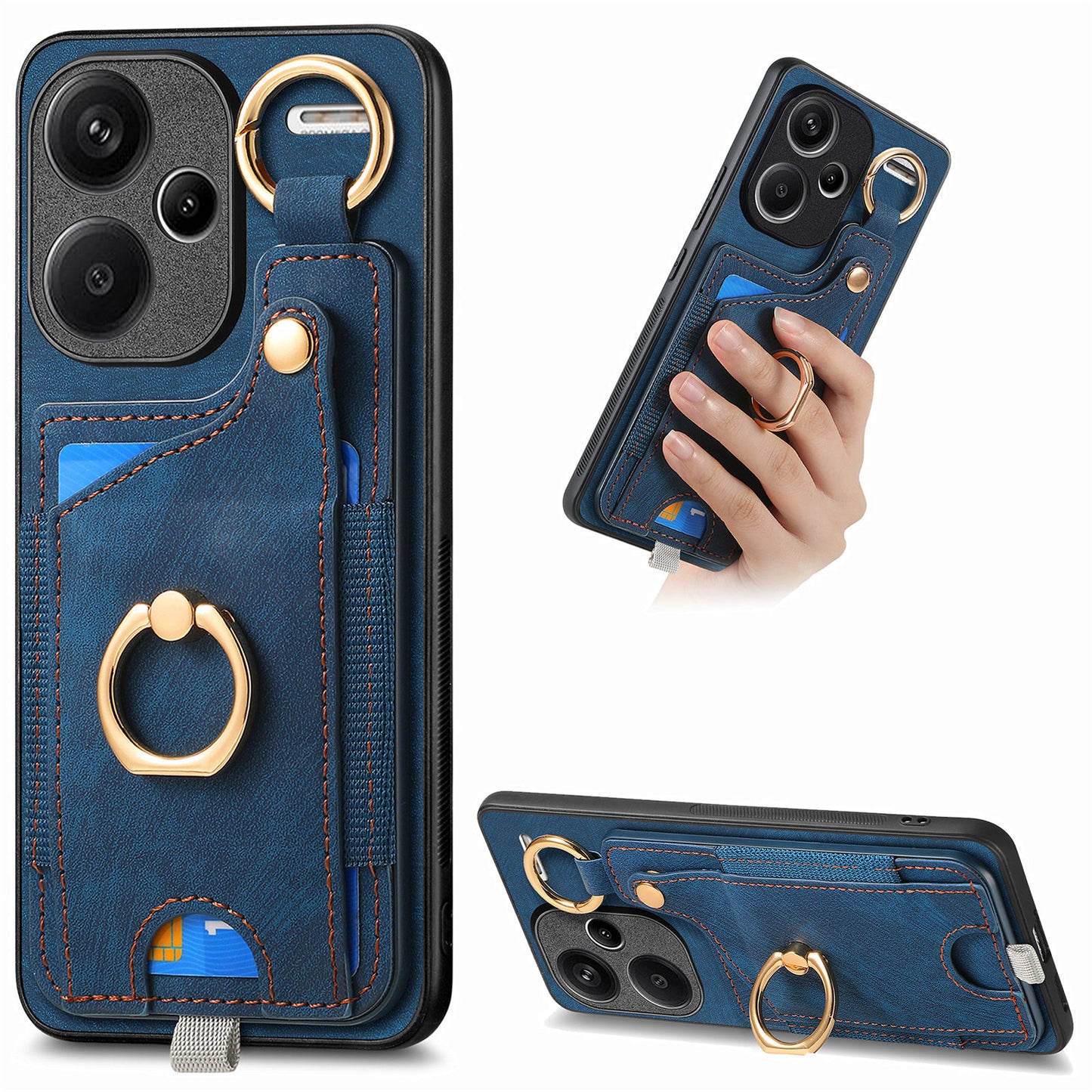 For Xiaomi Redmi Note 13 Pro+ 5G Case with Card Holder Retro Leather Back Cover Ring Kickstand - Blue