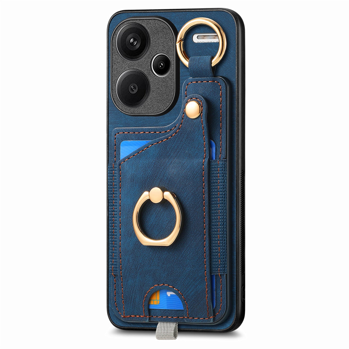 For Xiaomi Redmi Note 13 Pro+ 5G Case with Card Holder Retro Leather Back Cover Ring Kickstand - Blue