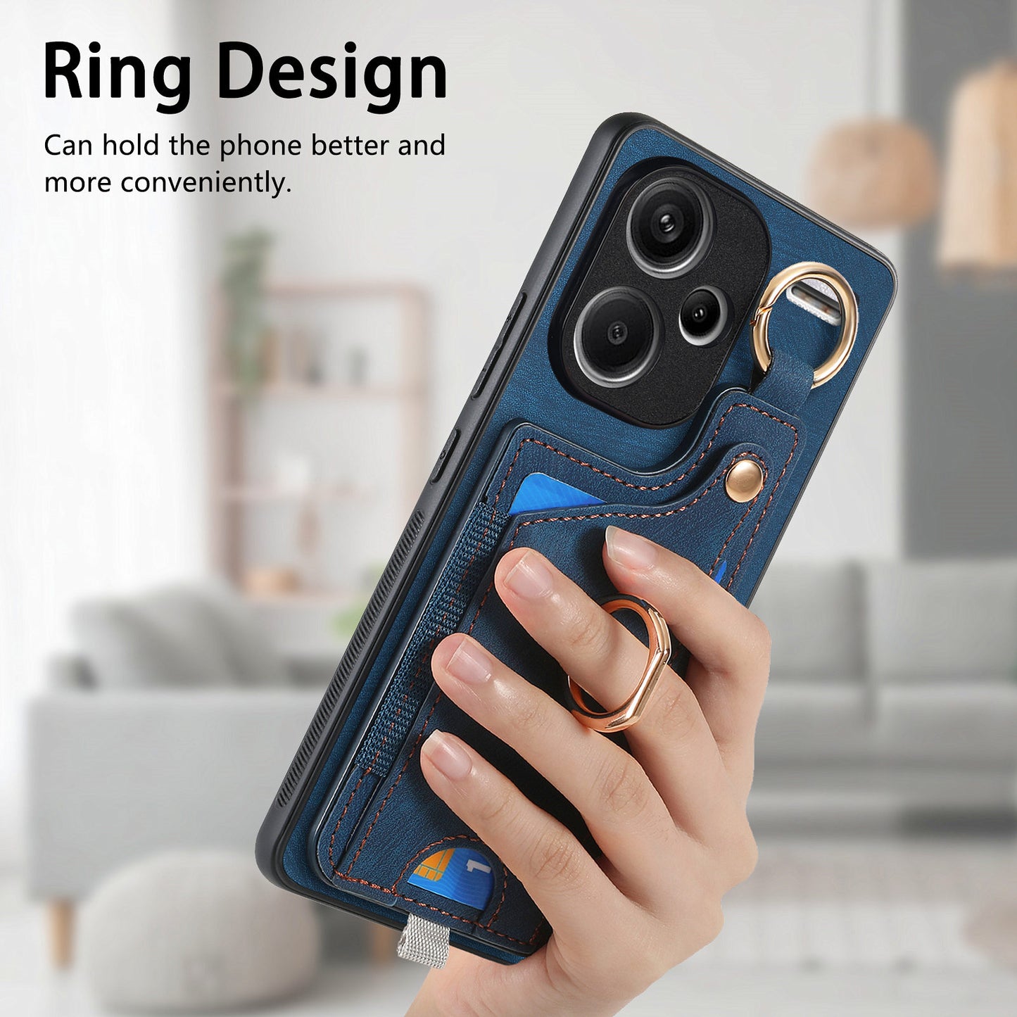 For Xiaomi Redmi Note 13 Pro+ 5G Case with Card Holder Retro Leather Back Cover Ring Kickstand - Blue