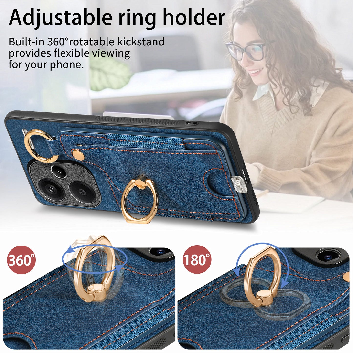 For Xiaomi Redmi Note 13 Pro+ 5G Case with Card Holder Retro Leather Back Cover Ring Kickstand - Blue