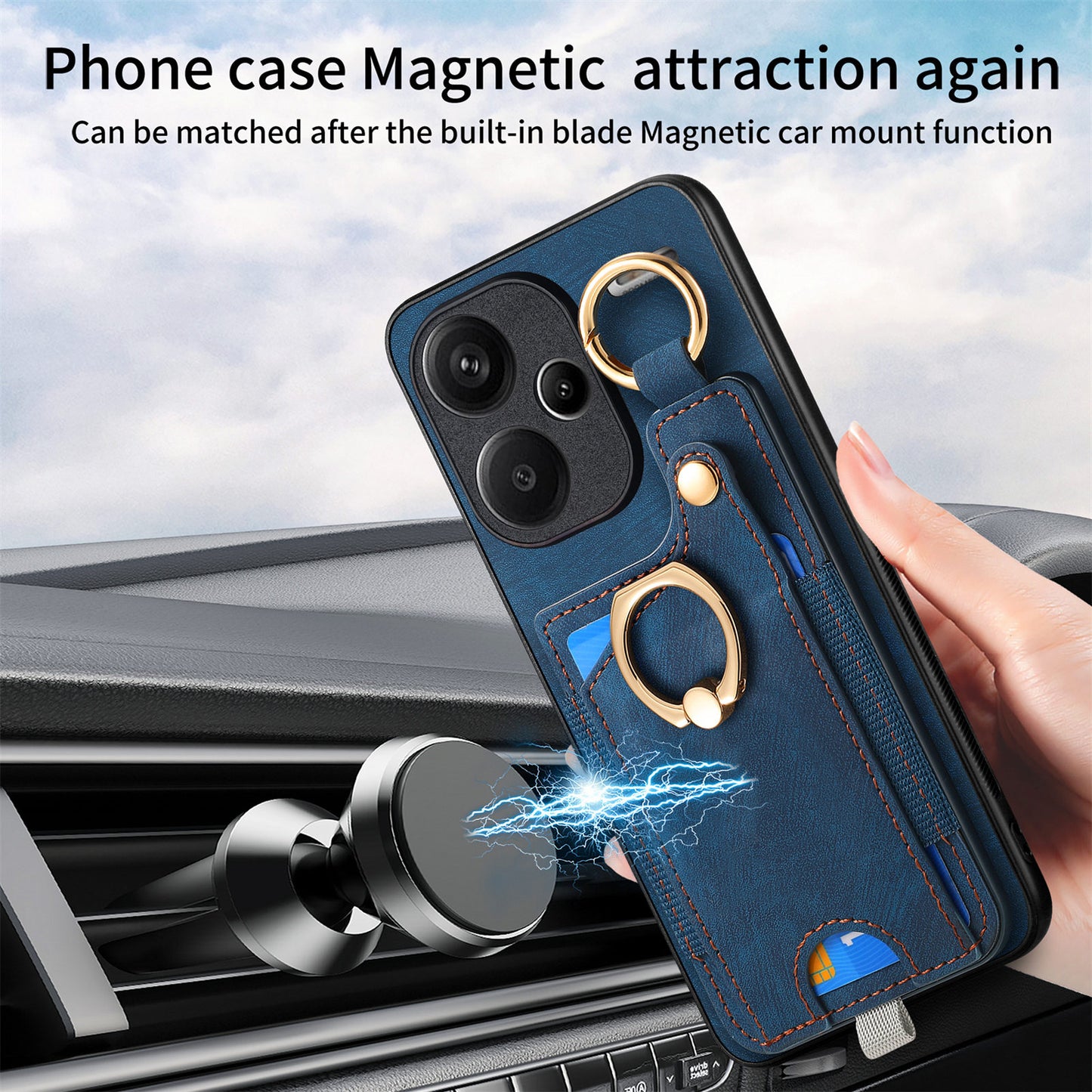 For Xiaomi Redmi Note 13 Pro+ 5G Case with Card Holder Retro Leather Back Cover Ring Kickstand - Blue