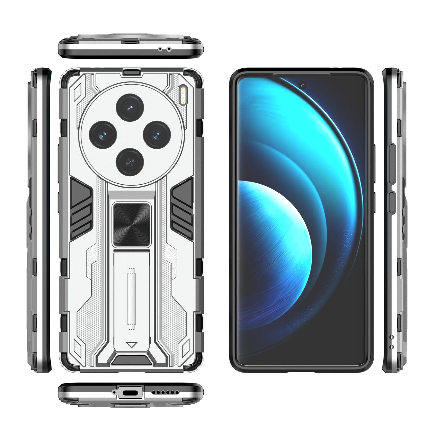 For vivo X100 5G Kickstand Cell Phone Cover Shockproof Protective Case - Silver