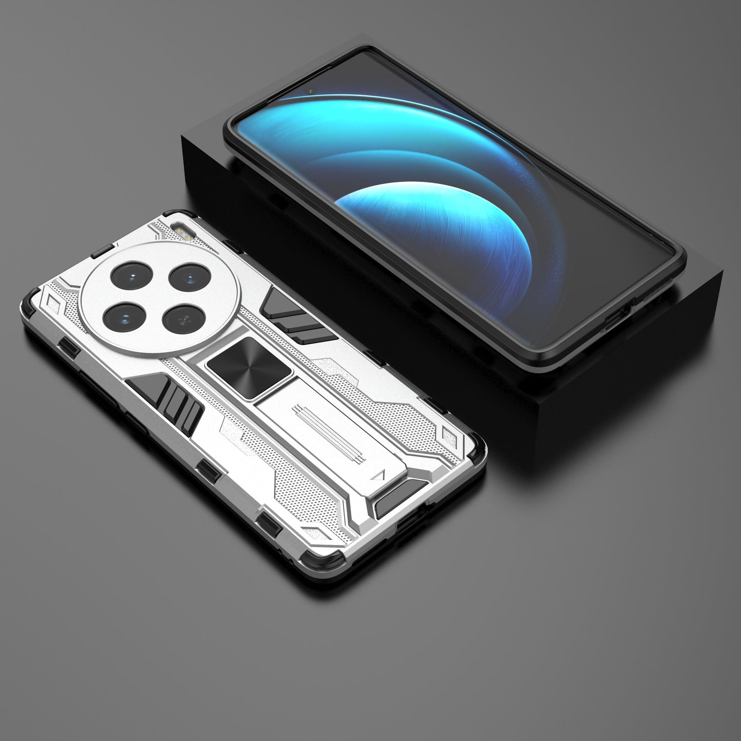 For vivo X100 5G Kickstand Cell Phone Cover Shockproof Protective Case - Silver