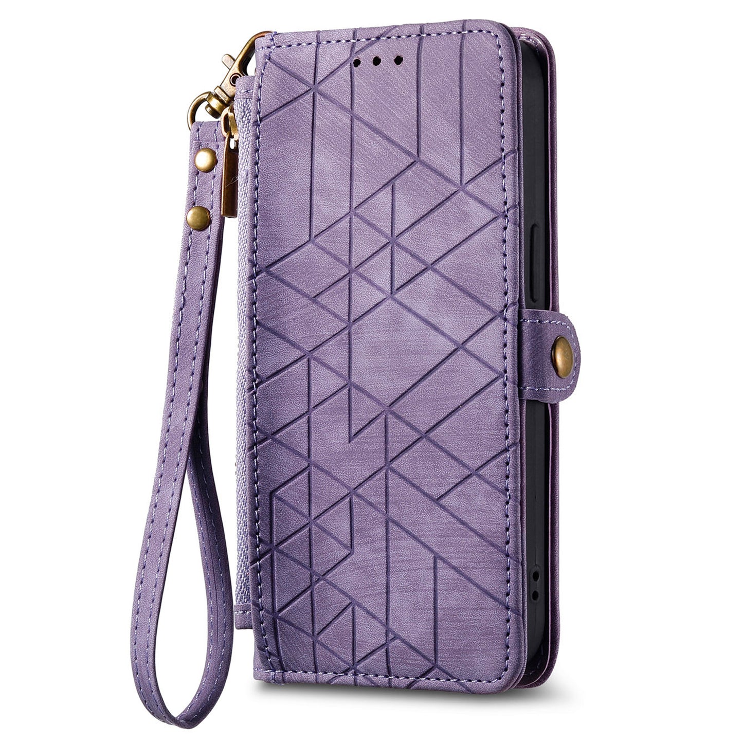 Wallet Case for Xiaomi Redmi Note 13 5G PU Leather Zipper Pocket Phone Cover Geometry Pattern - Purple