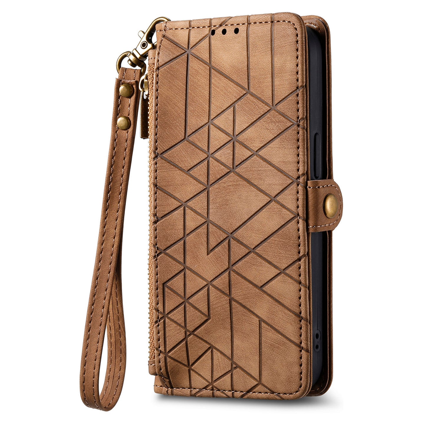 Wallet Case for Xiaomi Redmi Note 13 5G PU Leather Zipper Pocket Phone Cover Geometry Pattern - Brown