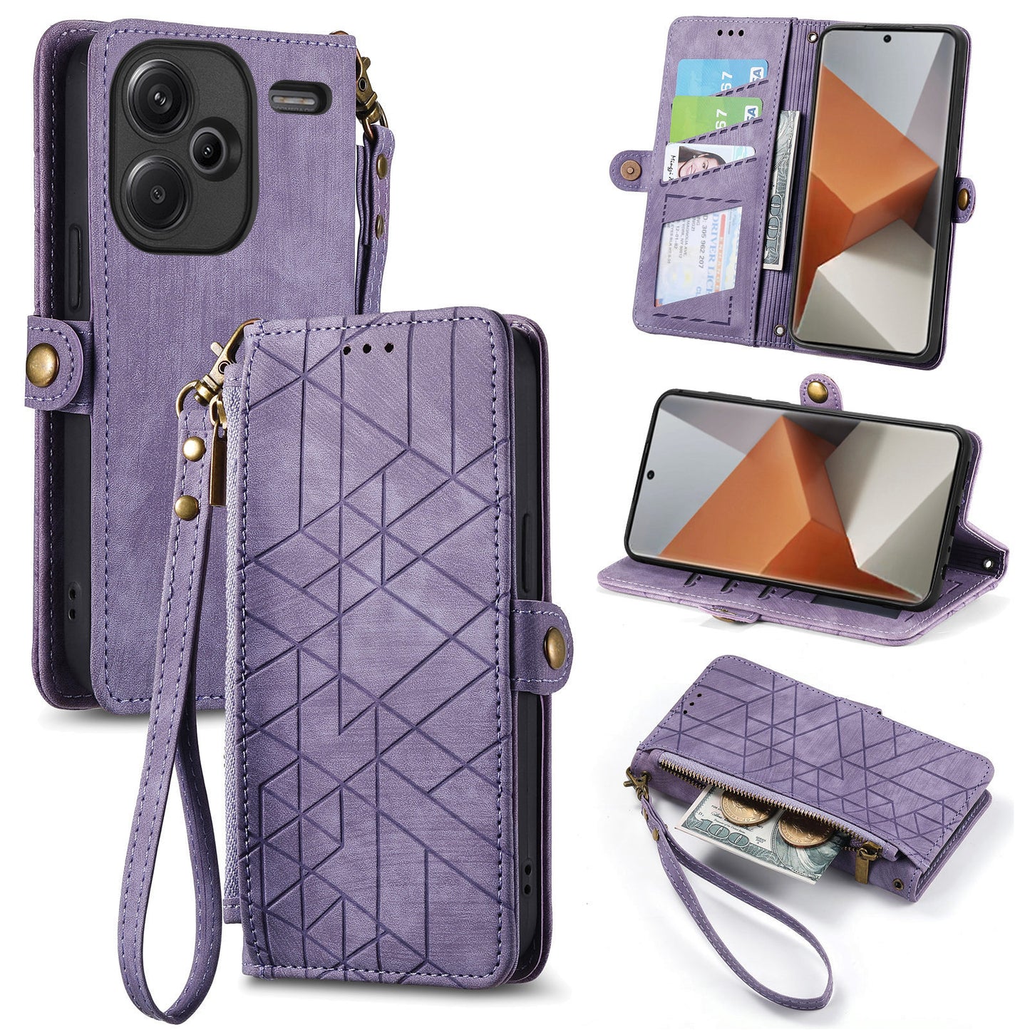 For Xiaomi Redmi Note 13 Pro+ 5G Cell Phone Case Imprinted Zipper Pocket Shockproof Cover with Stand - Purple