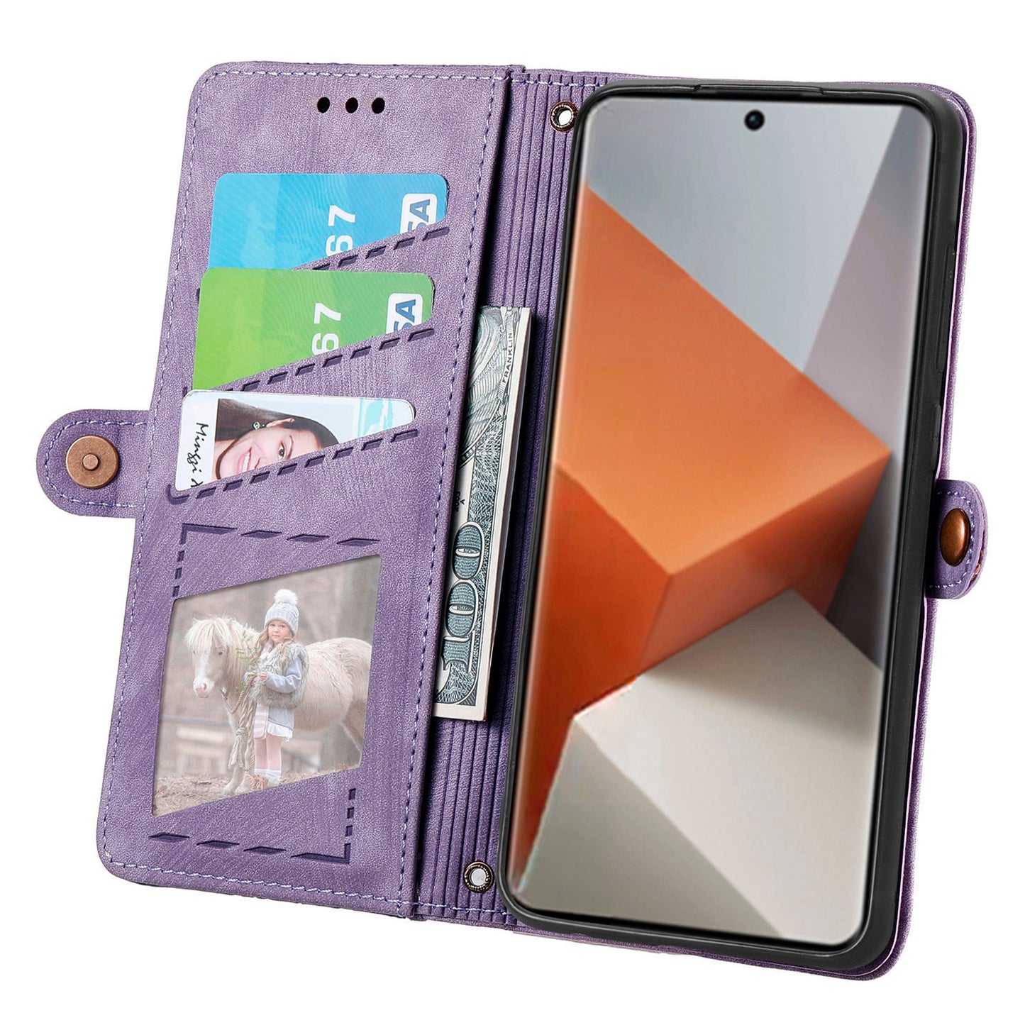 For Xiaomi Redmi Note 13 Pro+ 5G Cell Phone Case Imprinted Zipper Pocket Shockproof Cover with Stand - Purple