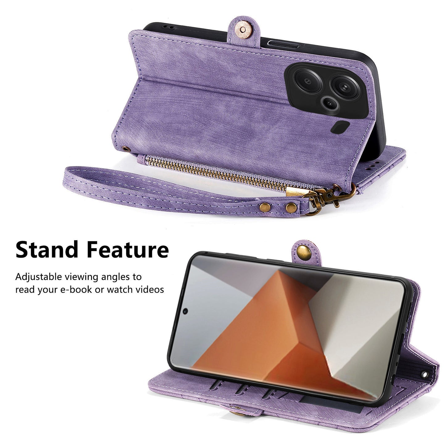For Xiaomi Redmi Note 13 Pro+ 5G Cell Phone Case Imprinted Zipper Pocket Shockproof Cover with Stand - Purple