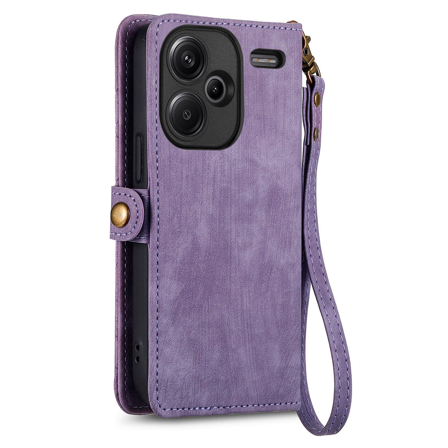 For Xiaomi Redmi Note 13 Pro+ 5G Cell Phone Case Imprinted Zipper Pocket Shockproof Cover with Stand - Purple