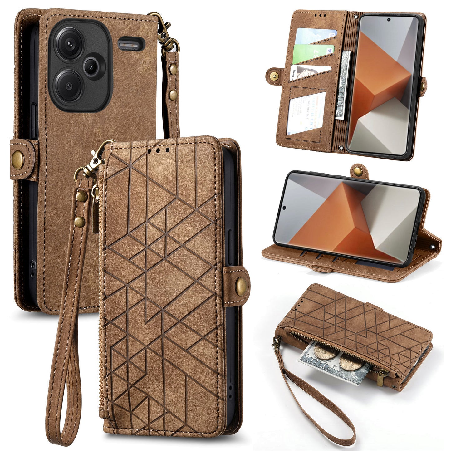 For Xiaomi Redmi Note 13 Pro+ 5G Cell Phone Case Imprinted Zipper Pocket Shockproof Cover with Stand - Brown