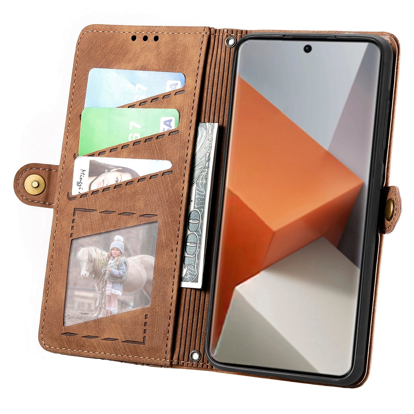 For Xiaomi Redmi Note 13 Pro+ 5G Cell Phone Case Imprinted Zipper Pocket Shockproof Cover with Stand - Brown