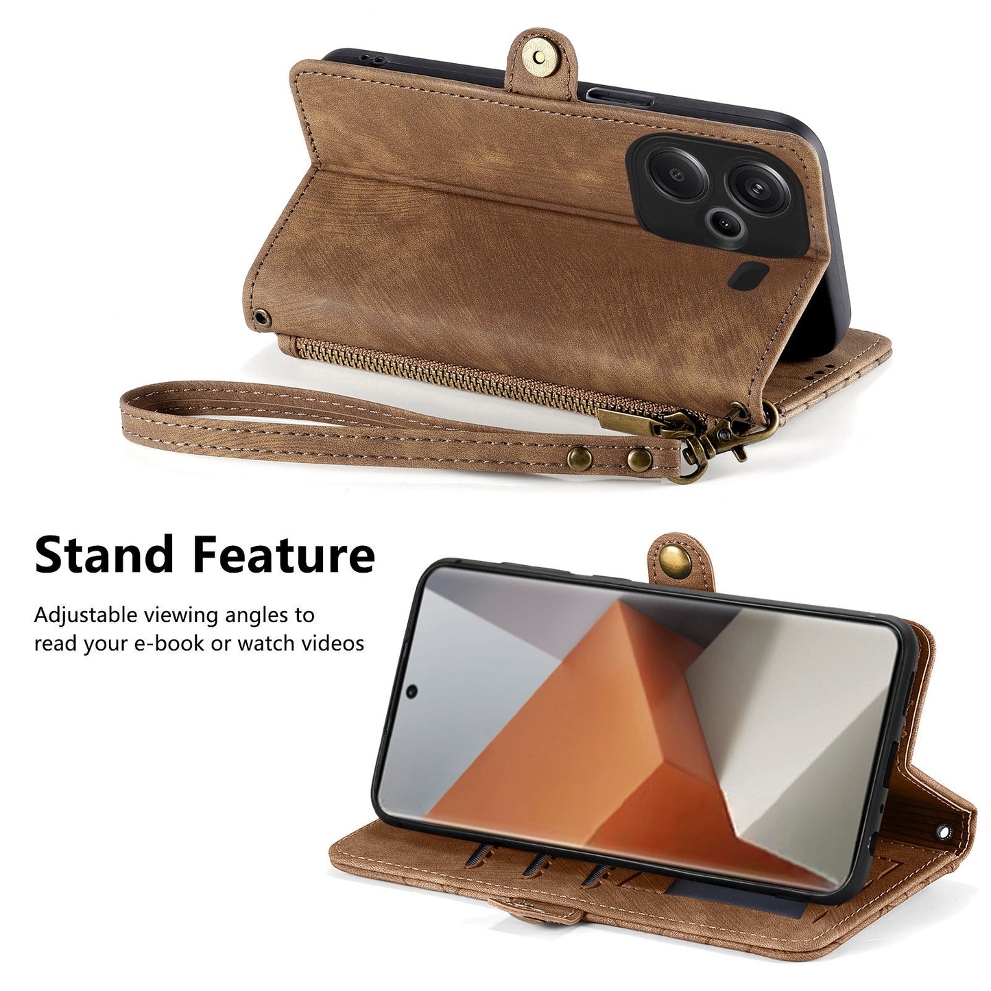 For Xiaomi Redmi Note 13 Pro+ 5G Cell Phone Case Imprinted Zipper Pocket Shockproof Cover with Stand - Brown