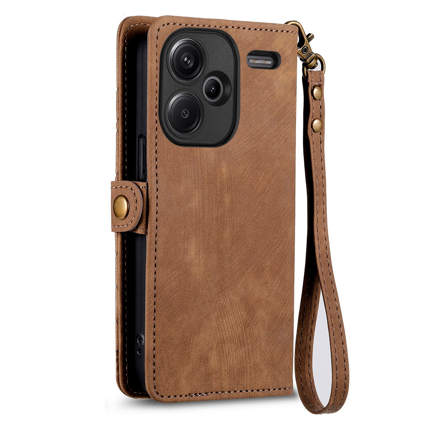For Xiaomi Redmi Note 13 Pro+ 5G Cell Phone Case Imprinted Zipper Pocket Shockproof Cover with Stand - Brown