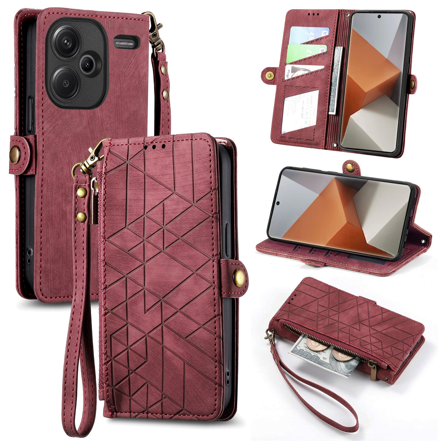 For Xiaomi Redmi Note 13 Pro+ 5G Cell Phone Case Imprinted Zipper Pocket Shockproof Cover with Stand - Red