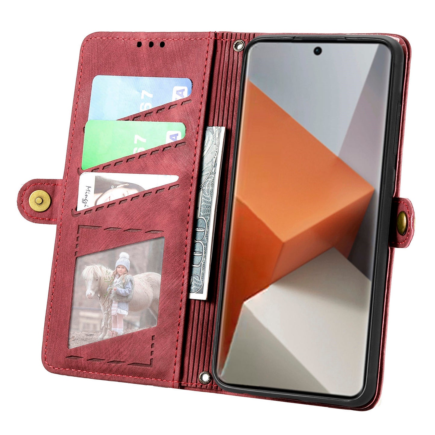 For Xiaomi Redmi Note 13 Pro+ 5G Cell Phone Case Imprinted Zipper Pocket Shockproof Cover with Stand - Red