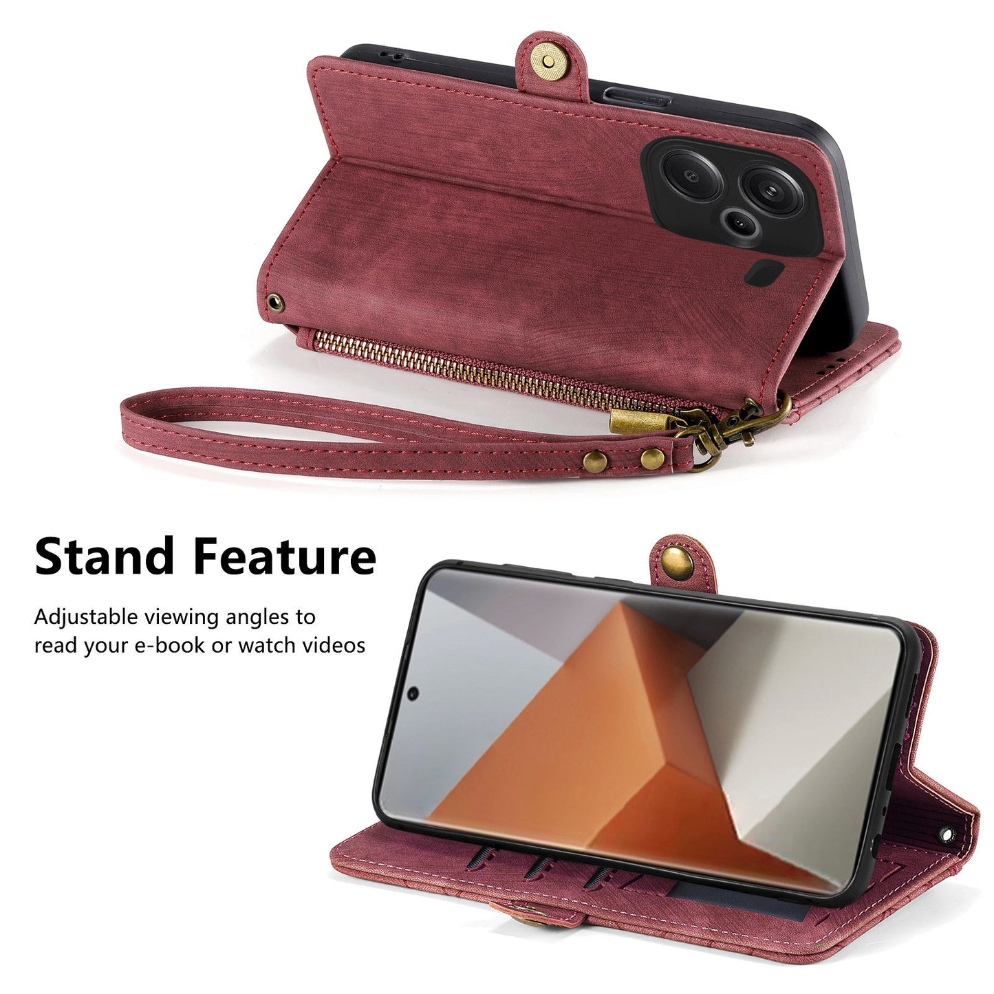 For Xiaomi Redmi Note 13 Pro+ 5G Cell Phone Case Imprinted Zipper Pocket Shockproof Cover with Stand - Red