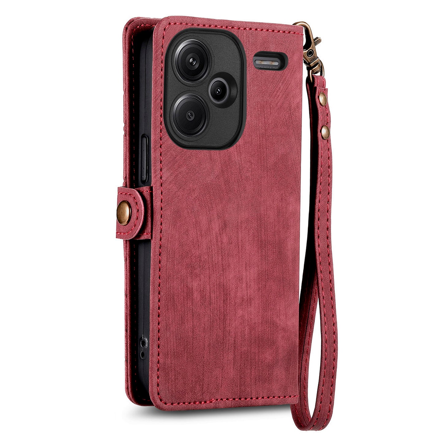 For Xiaomi Redmi Note 13 Pro+ 5G Cell Phone Case Imprinted Zipper Pocket Shockproof Cover with Stand - Red