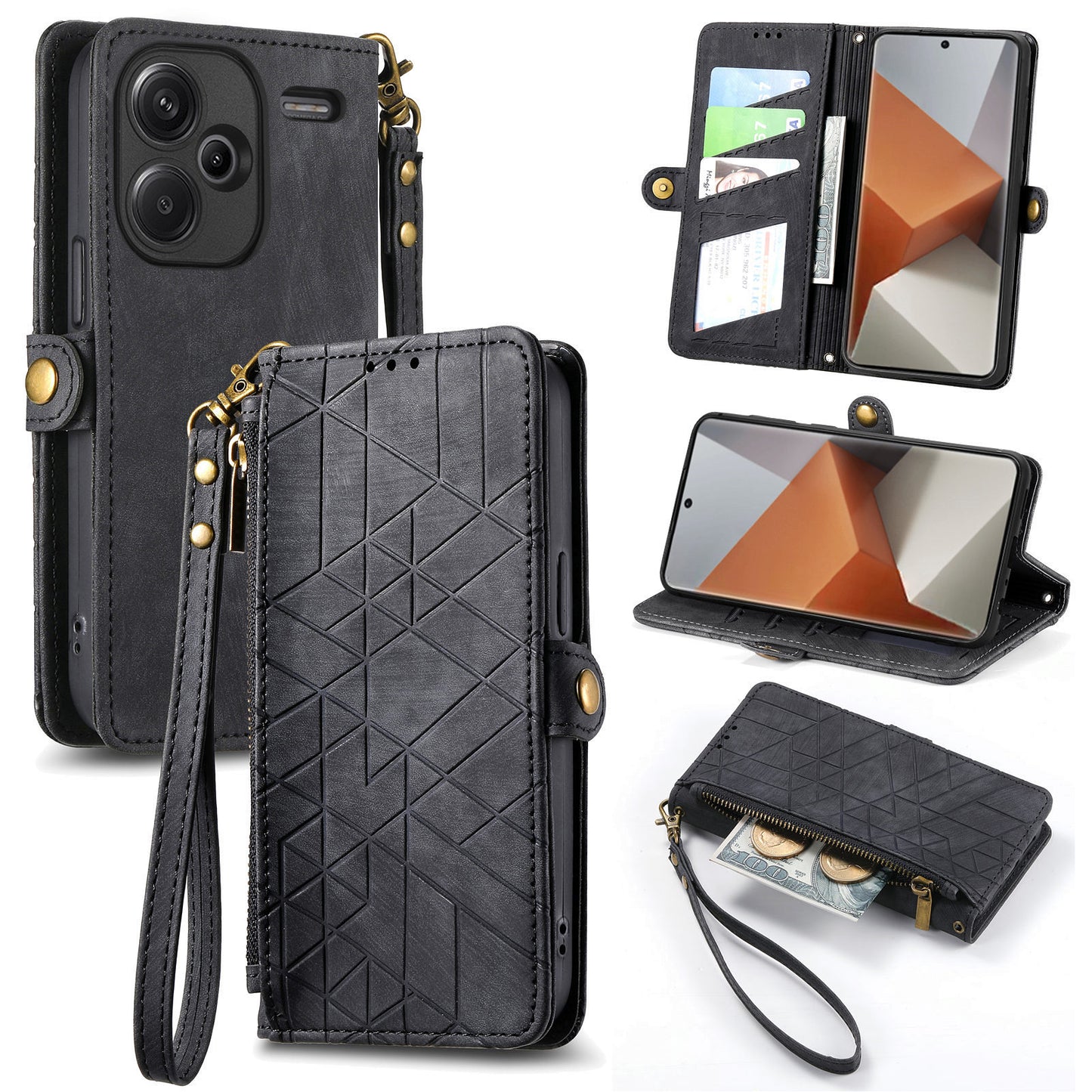 For Xiaomi Redmi Note 13 Pro+ 5G Cell Phone Case Imprinted Zipper Pocket Shockproof Cover with Stand - Black