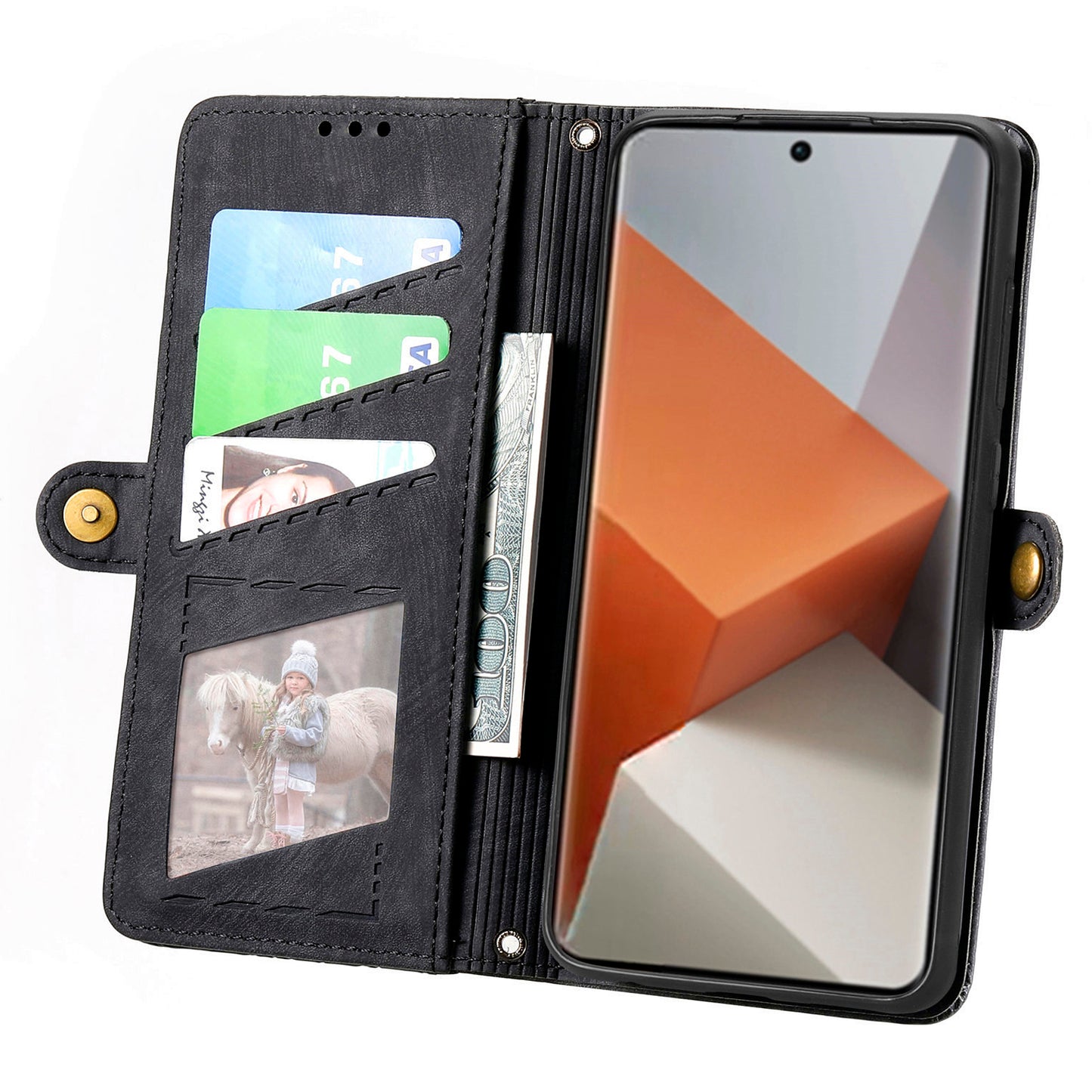 For Xiaomi Redmi Note 13 Pro+ 5G Cell Phone Case Imprinted Zipper Pocket Shockproof Cover with Stand - Black