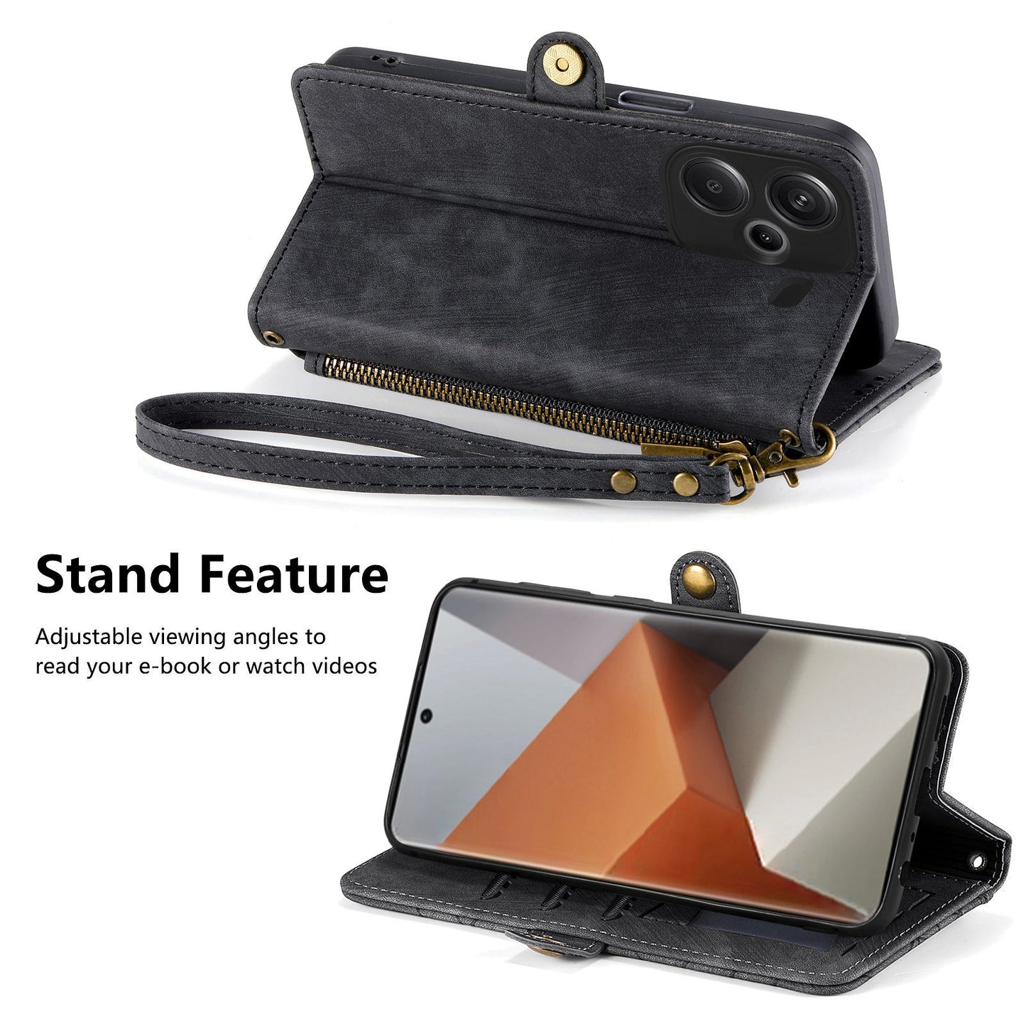 For Xiaomi Redmi Note 13 Pro+ 5G Cell Phone Case Imprinted Zipper Pocket Shockproof Cover with Stand - Black