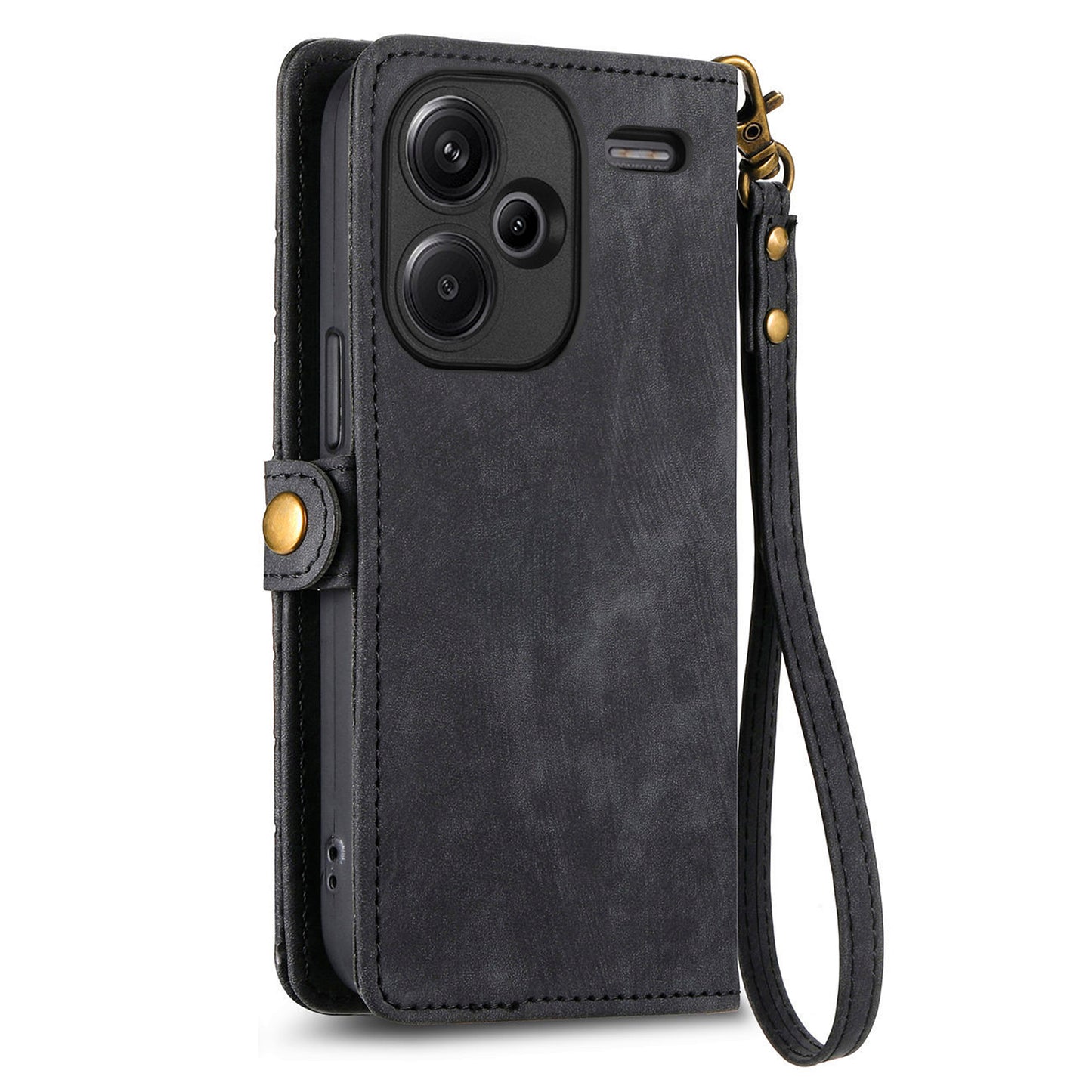 For Xiaomi Redmi Note 13 Pro+ 5G Cell Phone Case Imprinted Zipper Pocket Shockproof Cover with Stand - Black