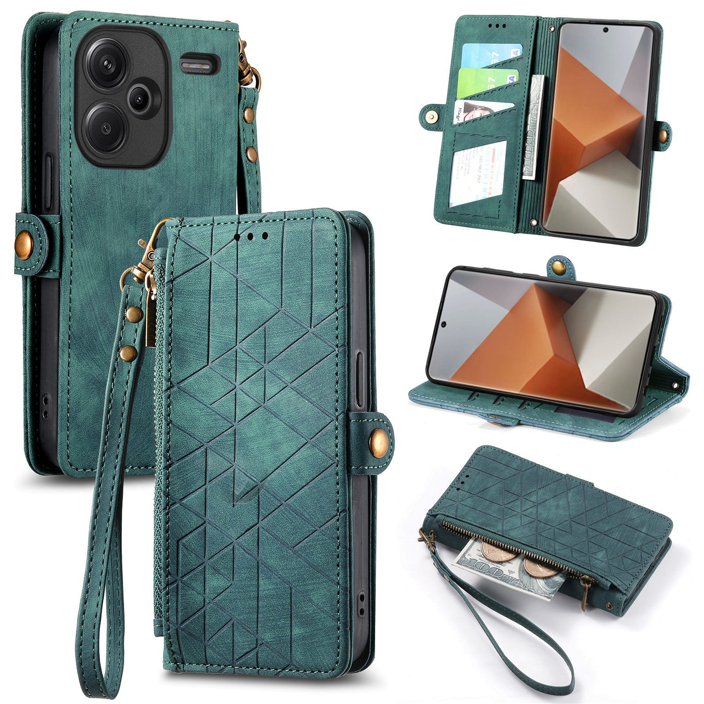 For Xiaomi Redmi Note 13 Pro+ 5G Cell Phone Case Imprinted Zipper Pocket Shockproof Cover with Stand - Green