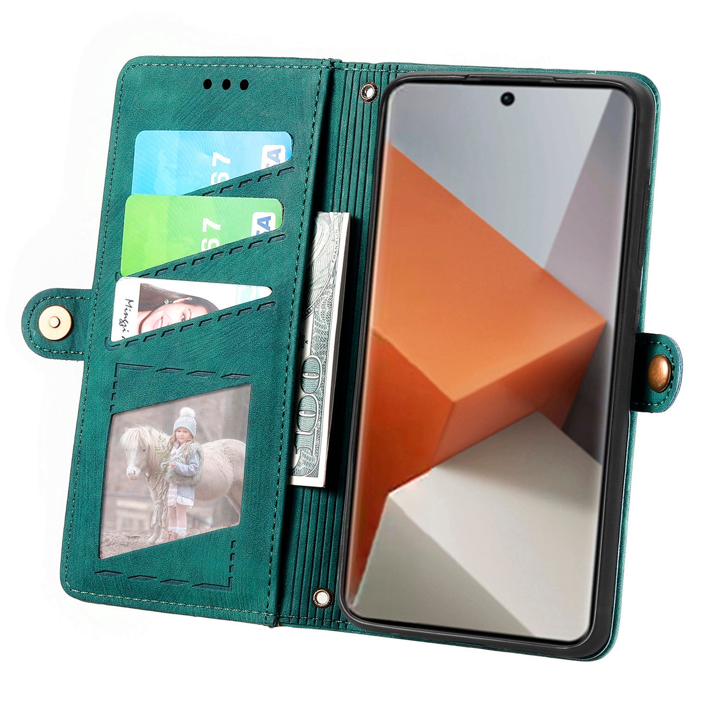 For Xiaomi Redmi Note 13 Pro+ 5G Cell Phone Case Imprinted Zipper Pocket Shockproof Cover with Stand - Green