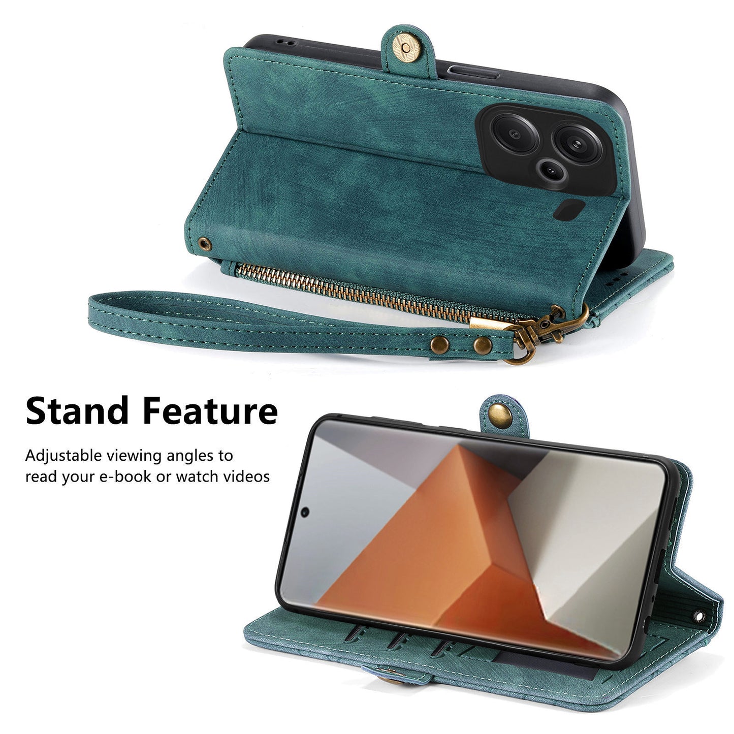 For Xiaomi Redmi Note 13 Pro+ 5G Cell Phone Case Imprinted Zipper Pocket Shockproof Cover with Stand - Green